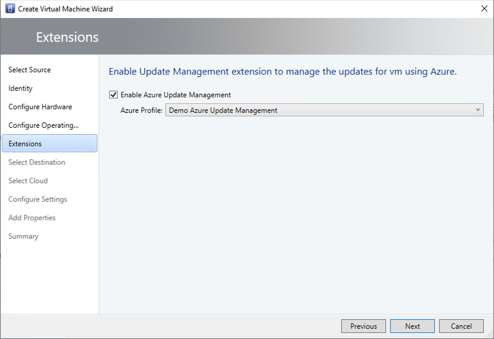 Selecting the Azure Update Management profile at VM deployment