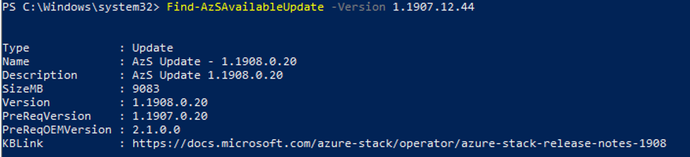 Shows Find-AzSAvailableUpdate Example output